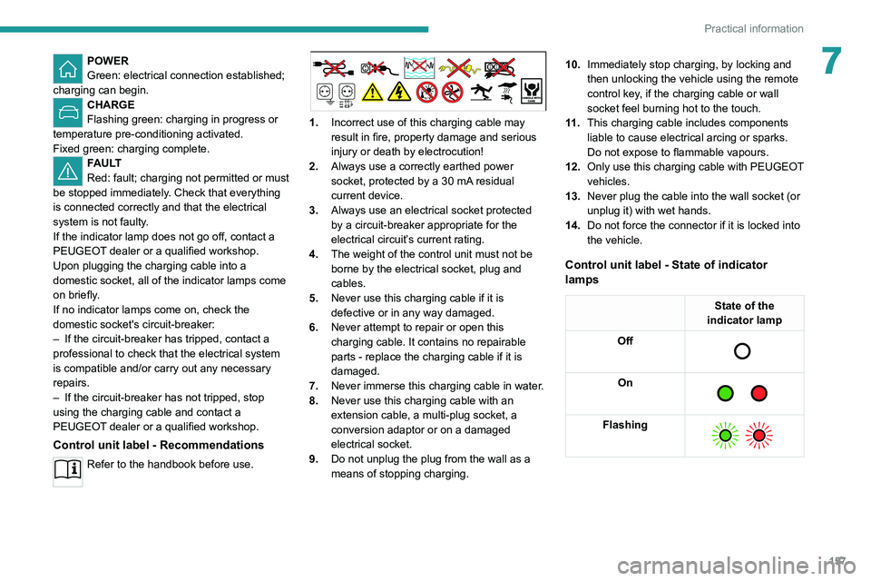 PEUGEOT 308 2022 Owners Manual 157
Practical information
7POWER
Green: electrical connection established;
charging can begin.
CHARGE
Flashing green: charging in progress or
temperature pre-conditioning activated.
Fixed green: ch PEUGEOT 308 2022 Owners Manual 157
Practical information
7POWER
Green: electrical connection established;
charging can begin.
CHARGE
Flashing green: charging in progress or
temperature pre-conditioning activated.
Fixed green: ch