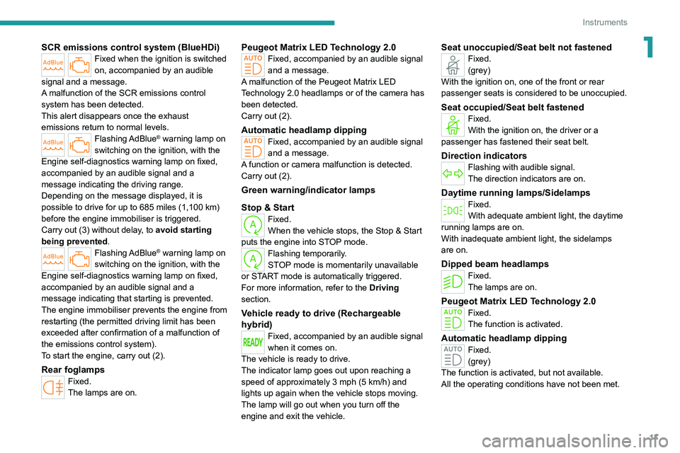 PEUGEOT 308 2022  Owners Manual 17
Instruments
1SCR emissions control system (BlueHDi)Fixed when the ignition is switched 
on, accompanied by an audible 
signal and a message.
A malfunction of the SCR emissions control 
system has b