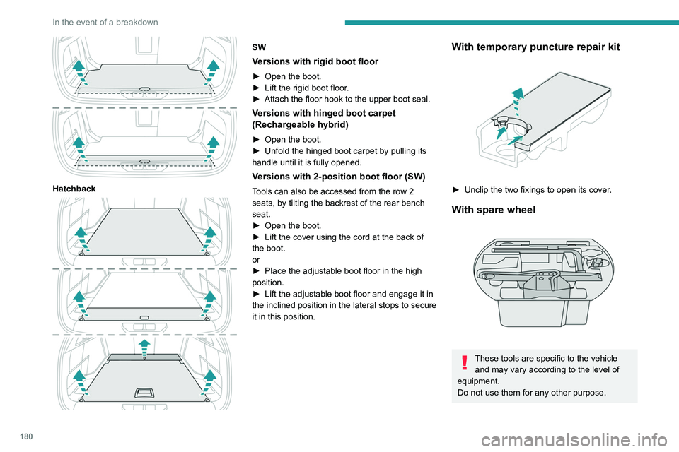 PEUGEOT 308 2022 Owners Manual 180
In the event of a breakdown
Hatchback
SW
Versions with rigid boot floor
► Open the boot.
► Lift the rigid boot floor .
►
Attach the floor hook to the upper boot seal.
Versions with h PEUGEOT 308 2022 Owners Manual 180
In the event of a breakdown
Hatchback
SW
Versions with rigid boot floor
► Open the boot.
► Lift the rigid boot floor .
►
Attach the floor hook to the upper boot seal.
Versions with h