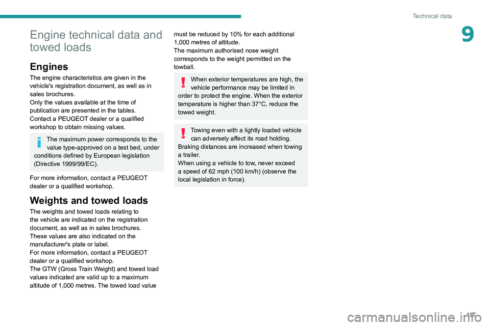 PEUGEOT 308 2022  Owners Manual 197
Technical data
9Engine technical data and 
towed loads
Engines
The engine characteristics are given in the 
vehicle's registration document, as well as in 
sales brochures.
Only the values ava