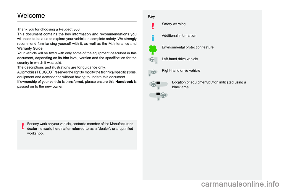 PEUGEOT 308 2022  Owners Manual   
 
 
 
  
   
   
 
  
 
  
 
 
   
 
 
   
 
 
  
Welcome
Thank you for choosing a Peugeot 308.
This document contains the key information and recommendations you 
will need to be able to explore y