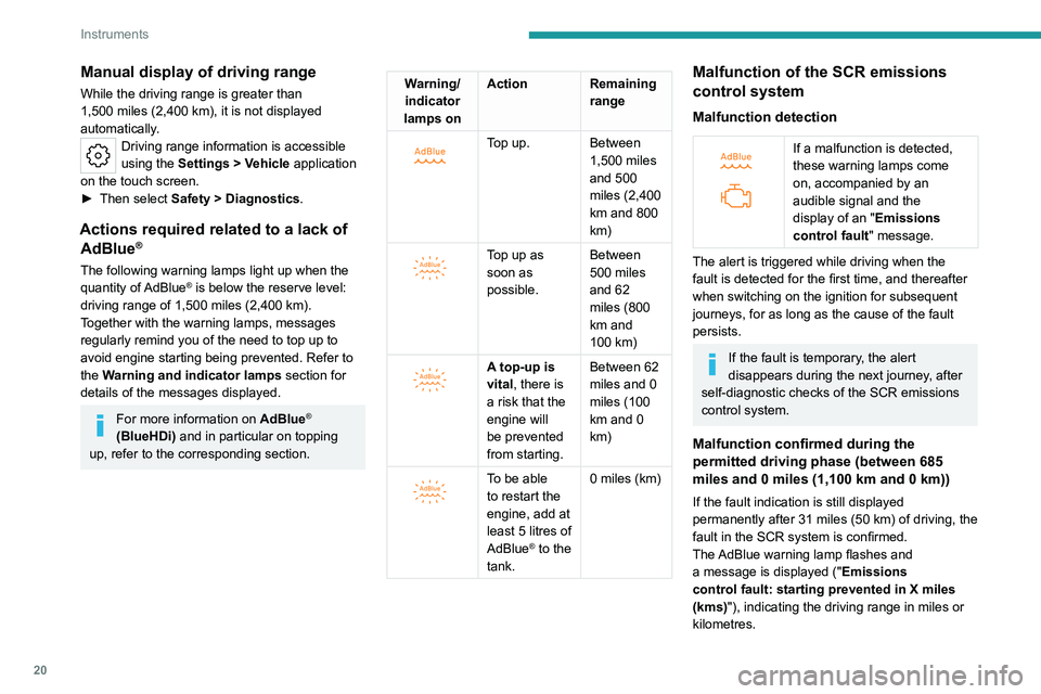 PEUGEOT 308 2022 Owners Manual 20
Instruments
Manual display of driving range
While the driving range is greater than
1,500 miles (2,400 km), it is not displayed
automatically.
Driving range information is accessible
using the PEUGEOT 308 2022 Owners Manual 20
Instruments
Manual display of driving range
While the driving range is greater than
1,500 miles (2,400 km), it is not displayed
automatically.
Driving range information is accessible
using the