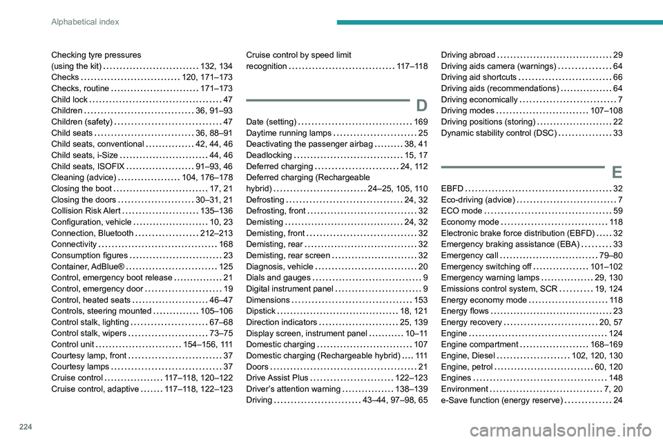 PEUGEOT 308 2022  Owners Manual 224
Alphabetical index
Checking tyre pressures  
(using the kit)    
132, 134
Checks
    
120, 171–173
Checks, routine
    
171–173
Child lock
    
47
Children
    
36, 91–93
Children (safety)
 