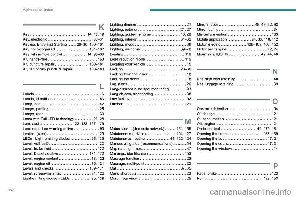 PEUGEOT 308 2022 Owners Manual 226
Alphabetical index
K
Key 14, 16, 19
Key, electronic
30–31
Keyless Entry and Starting
29–30, 100–101
Key not recognised
101–102
Key with remote control
14, 98–99
Kit PEUGEOT 308 2022 Owners Manual 226
Alphabetical index
K
Key 14, 16, 19
Key, electronic
30–31
Keyless Entry and Starting
29–30, 100–101
Key not recognised
101–102
Key with remote control
14, 98–99
Kit