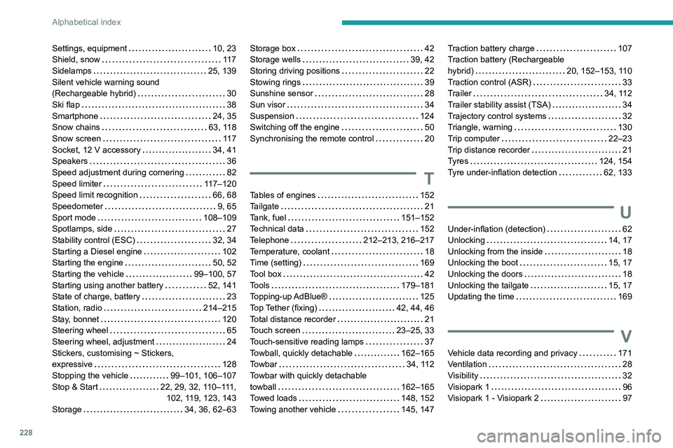 PEUGEOT 308 2022  Owners Manual 228
Alphabetical index
Settings, equipment     10, 23
Shield, snow     
11 7
Sidelamps
    
25, 139
Silent vehicle warning sound  
(Rechargeable hybrid)
    
30
Ski flap
    
38
Smartphone
    
24, 35