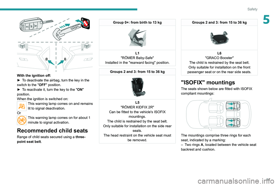PEUGEOT 308 2022 Owners Manual 91
Safety
5
With the ignition off:
► T o deactivate the airbag, turn the key in the
switch to the "OFF " position.
►
T
o reactivate it, turn the key to the "ON"
position.
W PEUGEOT 308 2022 Owners Manual 91
Safety
5
With the ignition off:
► T o deactivate the airbag, turn the key in the
switch to the "OFF " position.
►
T
o reactivate it, turn the key to the "ON"
position.
W