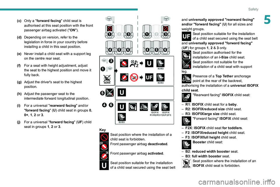 PEUGEOT 308 2022 Owners Manual 95
Safety
5(c)Only a "forward facing" child seat is
authorised at this seat position with the front
passenger airbag activated (" ON").
(d) Depending on version, refer to the
legisl PEUGEOT 308 2022 Owners Manual 95
Safety
5(c)Only a "forward facing" child seat is
authorised at this seat position with the front
passenger airbag activated (" ON").
(d) Depending on version, refer to the
legisl