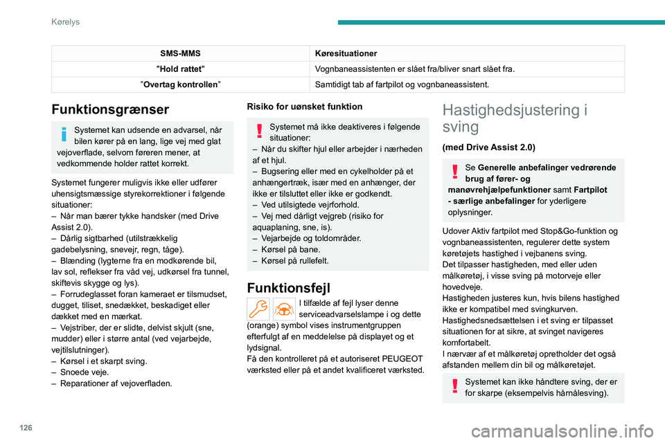 PEUGEOT 308 2022 Brugsanvisning (in Danish) 126
Kørelys
SMS-MMSKøresituationer
"Hold rattet" Vognbaneassistenten er slået fra/bliver snart slået fra.
”Overtag kontrollen” Samtidigt tab af fartpilot og vognbaneassistent.
Funktion PEUGEOT 308 2022 Brugsanvisning (in Danish) 126
Kørelys
SMS-MMSKøresituationer
"Hold rattet" Vognbaneassistenten er slået fra/bliver snart slået fra.
”Overtag kontrollen” Samtidigt tab af fartpilot og vognbaneassistent.
Funktion