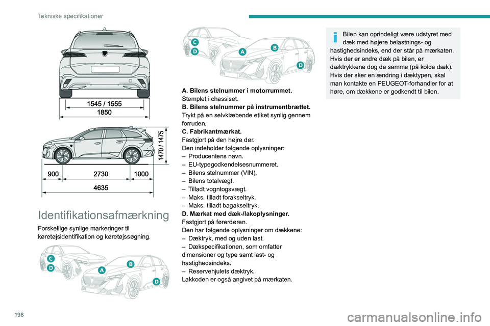 PEUGEOT 308 2022 Brugsanvisning (in Danish) 198
Tekniske specifikationer
Identifikationsafmærkning
Forskellige synlige markeringer til
køretøjsidentifikation og køretøjssøgning.
A. Bilens stelnummer i motorrummet.
Stemplet i ch PEUGEOT 308 2022 Brugsanvisning (in Danish) 198
Tekniske specifikationer
Identifikationsafmærkning
Forskellige synlige markeringer til
køretøjsidentifikation og køretøjssøgning.
A. Bilens stelnummer i motorrummet.
Stemplet i ch