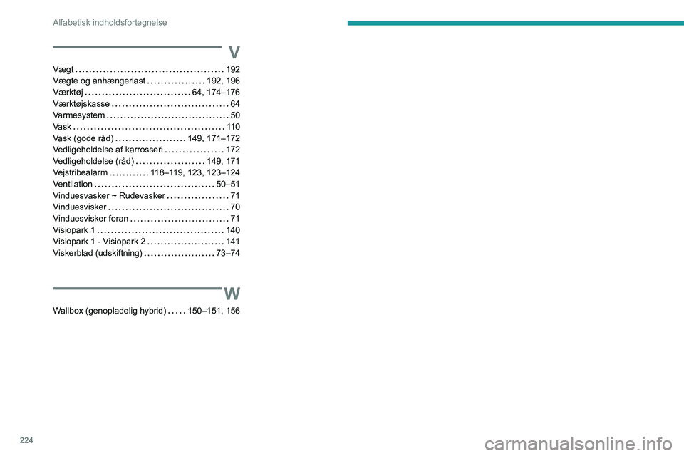 PEUGEOT 308 2022  Brugsanvisning (in Danish) 224
Alfabetisk indholdsfortegnelse
V
Vægt    192
Vægte og anhængerlast     
192, 196
Værktøj
    
64, 174–176
Værktøjskasse
    
64
Varmesystem
    
50
Vask
    
11 0
Vask (gode råd)
    
14