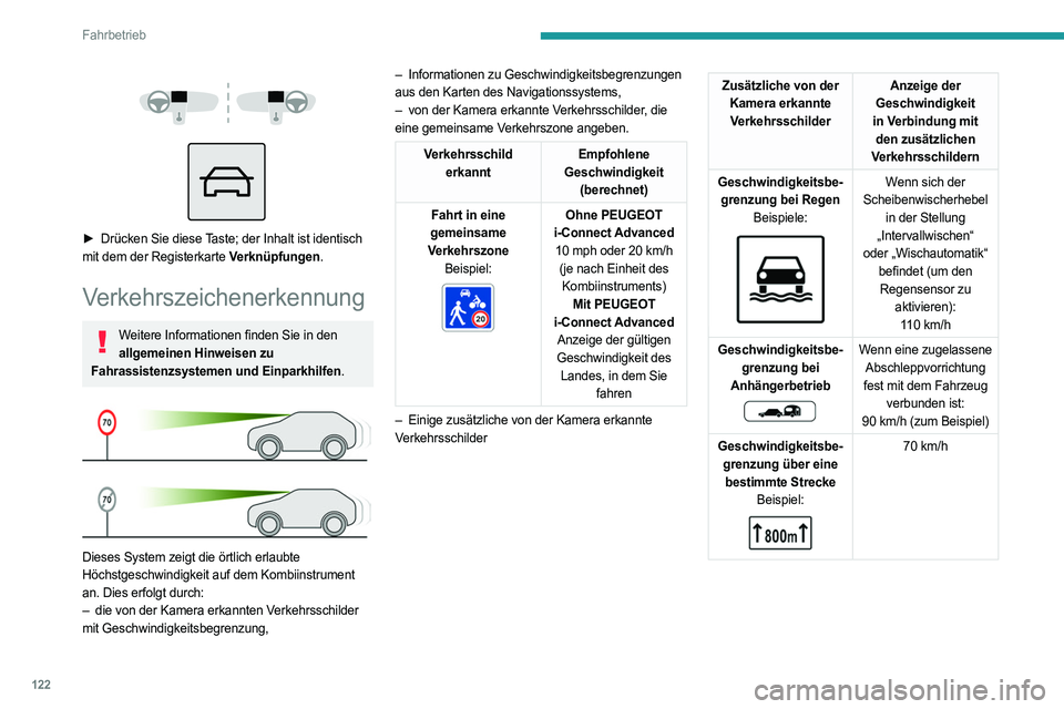 PEUGEOT 308 2022 Betriebsanleitungen (in German) 122
Fahrbetrieb
► Drücken Sie diese Taste; der Inhalt ist identisch
mit dem der Registerkarte Verknüpfungen.
Verkehrszeichenerkennung
Weitere Informationen finden Sie in den allgemeinen PEUGEOT 308 2022 Betriebsanleitungen (in German) 122
Fahrbetrieb
► Drücken Sie diese Taste; der Inhalt ist identisch
mit dem der Registerkarte Verknüpfungen.
Verkehrszeichenerkennung
Weitere Informationen finden Sie in den allgemeinen