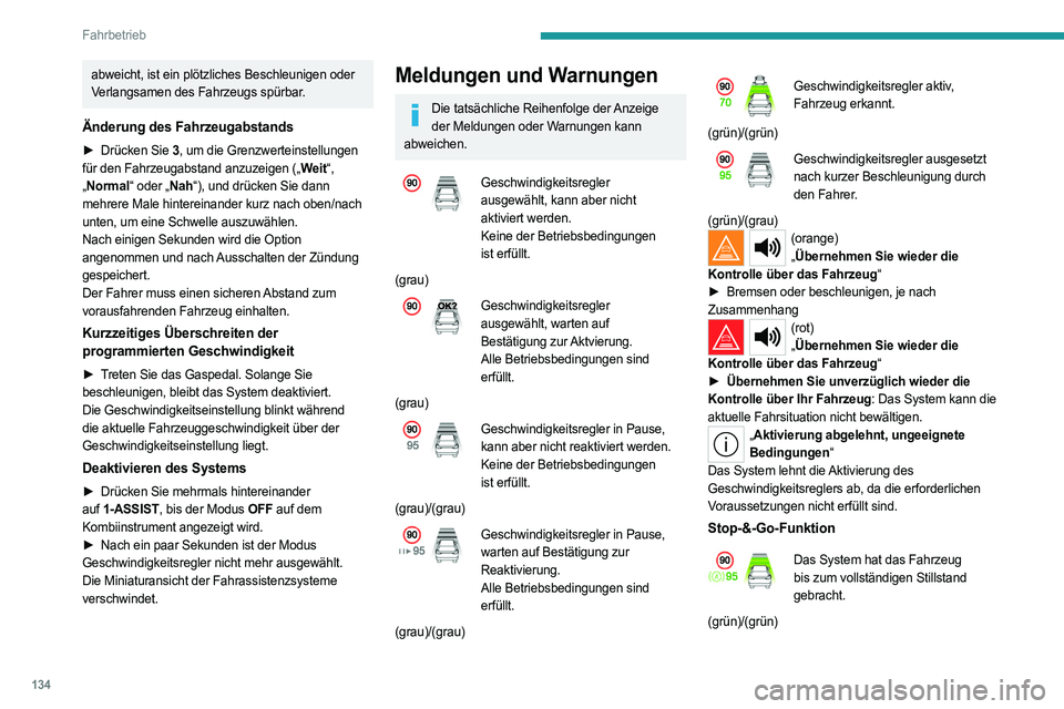 PEUGEOT 308 2022 Betriebsanleitungen (in German) 134
Fahrbetrieb
abweicht, ist ein plötzliches Beschleunigen oder
Verlangsamen des Fahrzeugs spürbar.
Änderung des Fahrzeugabstands
► Drücken Sie 3, um die Grenzwerteinstellungen
für den Fahrz PEUGEOT 308 2022 Betriebsanleitungen (in German) 134
Fahrbetrieb
abweicht, ist ein plötzliches Beschleunigen oder
Verlangsamen des Fahrzeugs spürbar.
Änderung des Fahrzeugabstands
► Drücken Sie 3, um die Grenzwerteinstellungen
für den Fahrz