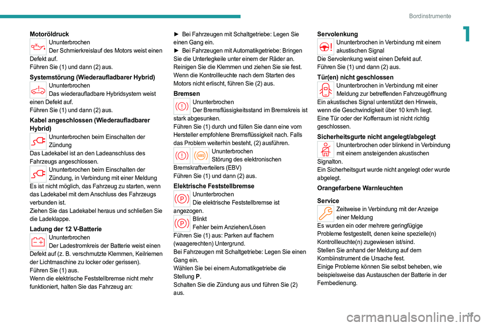 PEUGEOT 308 2022 Betriebsanleitungen (in German) 13
Bordinstrumente
1MotoröldruckUnunterbrochenDer Schmierkreislauf des Motors weist einen
Defekt auf.
Führen Sie (1) und dann (2) aus.
Systemstörung (Wiederaufladbarer Hybrid)Ununterbrochen Das wi PEUGEOT 308 2022 Betriebsanleitungen (in German) 13
Bordinstrumente
1MotoröldruckUnunterbrochenDer Schmierkreislauf des Motors weist einen
Defekt auf.
Führen Sie (1) und dann (2) aus.
Systemstörung (Wiederaufladbarer Hybrid)Ununterbrochen Das wi