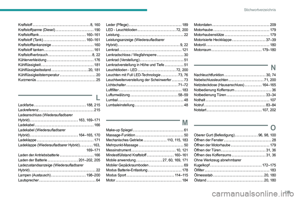 PEUGEOT 308 2022 Betriebsanleitungen (in German) 239
Stichwortverzeichnis
Kraftstoff 8, 160
Kraftstoffpanne (Diesel)
190
Kraftstofftank
160–161
Kraftstoff (Tank)
160–161
Kraftstofftankanzeige
160
Kraftstoff tanken
161 PEUGEOT 308 2022 Betriebsanleitungen (in German) 239
Stichwortverzeichnis
Kraftstoff 8, 160
Kraftstoffpanne (Diesel)
190
Kraftstofftank
160–161
Kraftstoff (Tank)
160–161
Kraftstofftankanzeige
160
Kraftstoff tanken
161
