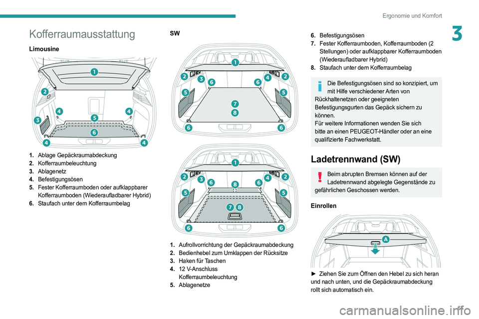 PEUGEOT 308 2022 Betriebsanleitungen (in German) 67
Ergonomie und Komfort
3Kofferraumausstattung
Limousine
1.Ablage Gepäckraumabdeckung
2. Kofferraumbeleuchtung
3. Ablagenetz
4. Befestigungsösen
5. Fester Kofferraumboden oder aufklappbarer
Kof PEUGEOT 308 2022 Betriebsanleitungen (in German) 67
Ergonomie und Komfort
3Kofferraumausstattung
Limousine
1.Ablage Gepäckraumabdeckung
2. Kofferraumbeleuchtung
3. Ablagenetz
4. Befestigungsösen
5. Fester Kofferraumboden oder aufklappbarer
Kof
