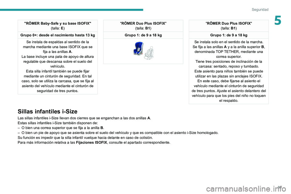 PEUGEOT 308 2022  Manual del propietario (in Spanish) 99
Seguridad
5"RÖMER Baby-Safe y su base ISOFIX"(talla: E)
Grupo 0+: desde el nacimiento hasta 13 kg Se instala de espaldas al sentido de la 
marcha mediante una base ISOFIX que se  fija a la
