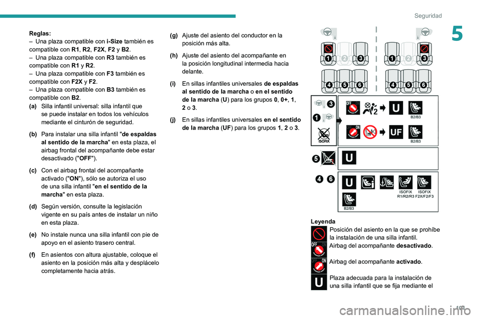 PEUGEOT 308 2022  Manual del propietario (in Spanish) 101
Seguridad
5Reglas:
– Una plaza compatible con  i-Size
 también es 
compatible con  R1, R2, F2X, F2 y B2.
–
 
Una plaza compatible con  R3

 también es 
compatible con  R1 y R2.
–
 
Una pla
