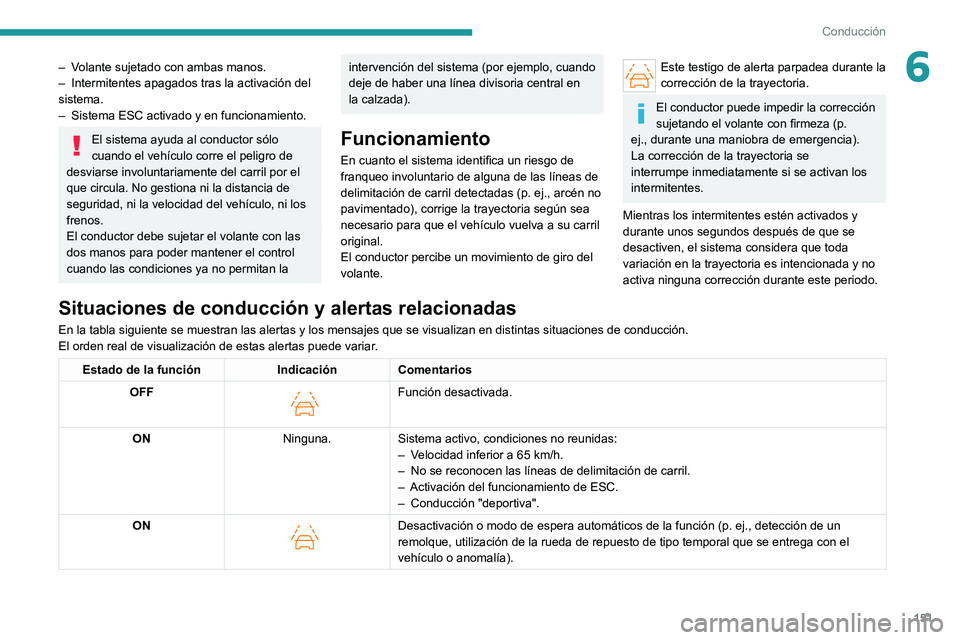 PEUGEOT 308 2022 Manual del propietario (in Spanish) 151
Conducción
6– Volante sujetado con ambas manos.
– Intermitentes apagados tras la activación del
sistema.
–
Sistema ESC activado y en funcionamiento.
El sistema ayuda al conductor sólo PEUGEOT 308 2022 Manual del propietario (in Spanish) 151
Conducción
6– Volante sujetado con ambas manos.
– Intermitentes apagados tras la activación del
sistema.
–
Sistema ESC activado y en funcionamiento.
El sistema ayuda al conductor sólo