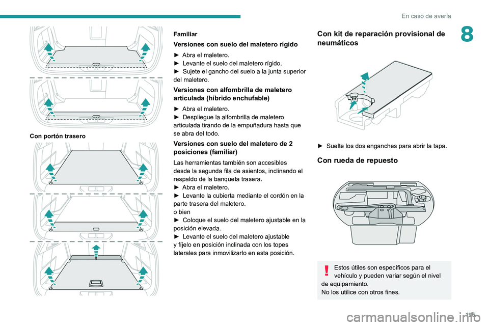 PEUGEOT 308 2022 Manual del propietario (in Spanish) 195
En caso de averÃa
8
Con portón trasero
Familiar
Versiones con suelo del maletero rÃgido
â–º Abra el maletero.
â–º Levante el suelo del maletero rÃgido.
â–º
Sujete el gancho del suelo a PEUGEOT 308 2022 Manual del propietario (in Spanish) 195
En caso de averÃa
8
Con portón trasero
Familiar
Versiones con suelo del maletero rÃgido
â–º Abra el maletero.
â–º Levante el suelo del maletero rÃgido.
â–º
Sujete el gancho del suelo a
