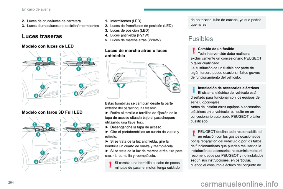 PEUGEOT 308 2022  Manual del propietario (in Spanish) 204
En caso de avería
2.Luces de cruce/luces de carretera 
3. Luces diurnas/luces de posición/intermitentes
Luces traseras
Modelo con luces de LED 
 
Modelo con faros 3D Full LED 
 
1.Intermitentes 