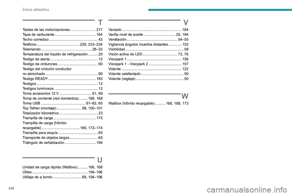 PEUGEOT 308 2022  Manual del propietario (in Spanish) 246
Índice alfabético
T
Tablas de las motorizaciones     217
Tapa de carburante     
164
Techo corredizo
    
43
Teléfono
    
229, 233–234
Telemando
    
28–33
Temperatura del líquido de refr