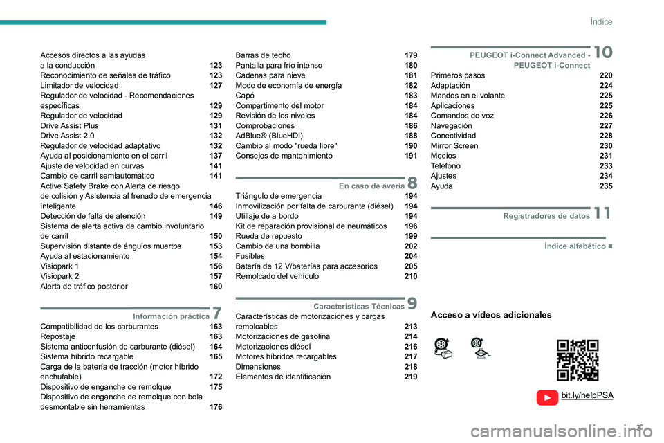 PEUGEOT 308 2022  Manual del propietario (in Spanish) 3
Índice
  
  
 
 
 
 
Accesos directos a las ayudas  
a la conducción  123
Reconocimiento de señales de tráfico  123
Limitador de velocidad  127
Regulador de velocidad - Recomendaciones 
específ