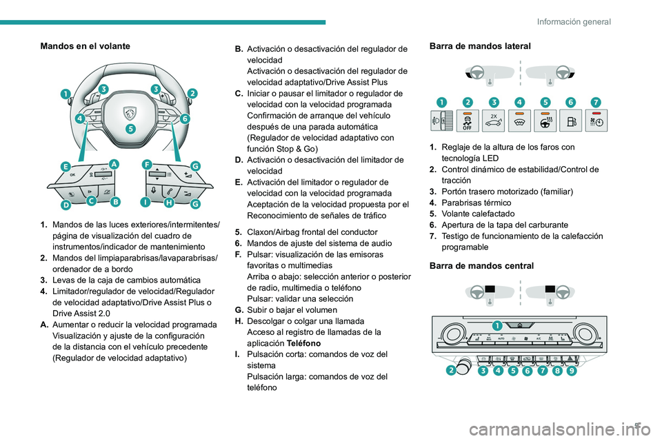 PEUGEOT 308 2022  Manual del propietario (in Spanish) 5
Información general
Mandos en el volante 
 
1.Mandos de las luces exteriores/intermitentes/
página de visualización del cuadro de 
instrumentos/indicador de mantenimiento
2. Mandos del limpiapara