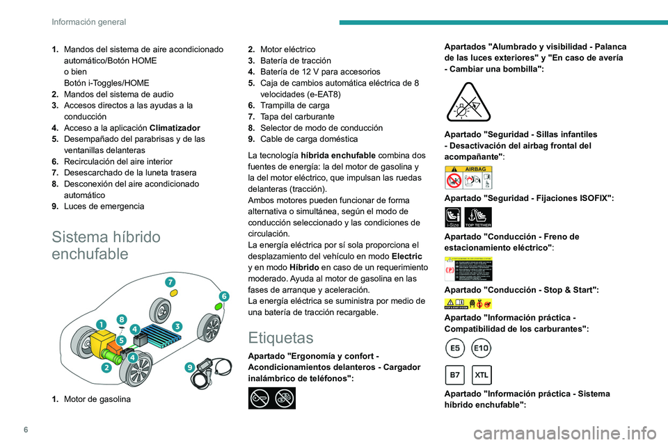 PEUGEOT 308 2022  Manual del propietario (in Spanish) 6
Información general
1.Mandos del sistema de aire acondicionado 
automático/Botón HOME
o bien
Botón i-Toggles/HOME
2. Mandos del sistema de audio
3. Accesos directos a las ayudas a la 
conducció