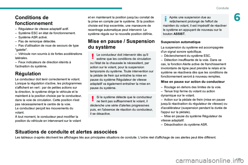 PEUGEOT 308 2022  Manuel du propriétaire (in French) 133
Conduite
6Conditions de 
fonctionnement
– Régulateur de vitesse adaptatif actif.
–  Système ESC en état de fonctionnement.
–
 
Système ASR 
 activé.
–
 
Pas de remorque détectée.
