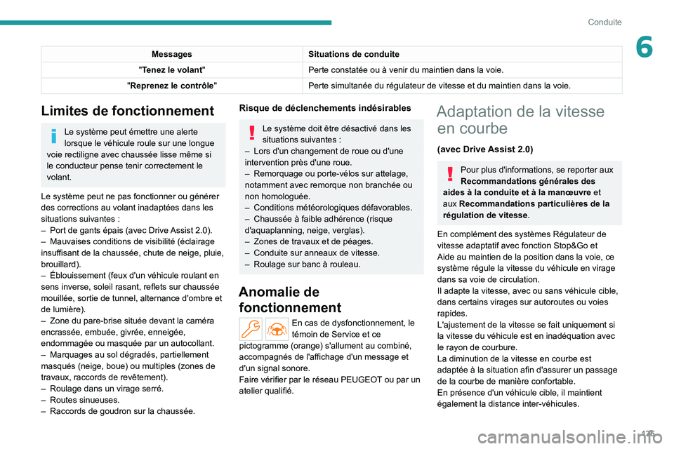 PEUGEOT 308 2022  Manuel du propriétaire (in French) 135
Conduite
6MessagesSituations de conduite
"Tenez le volant" Perte constatée ou à venir du maintien dans la voie.
"Reprenez le contrôle" Perte simultanée du régulateur de vitess