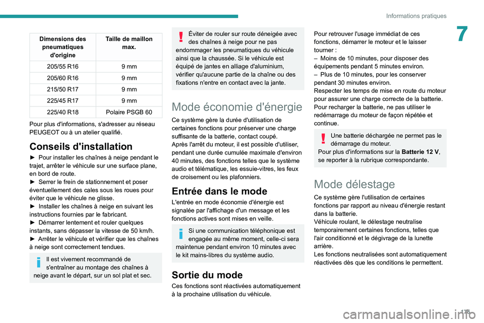 PEUGEOT 308 2022 Manuel du propriétaire (in French) 175
Informations pratiques
7Dimensions des pneumatiques d'origine Taille de maillon
max.
205/55 R16 9 mm
205/60 R16 9 mm
215/50 R17 9 mm
225/45 R17 9 mm
225/40 R18 Polaire PSGB 60
Pour plus d PEUGEOT 308 2022 Manuel du propriétaire (in French) 175
Informations pratiques
7Dimensions des pneumatiques d'origine Taille de maillon
max.
205/55 R16 9 mm
205/60 R16 9 mm
215/50 R17 9 mm
225/45 R17 9 mm
225/40 R18 Polaire PSGB 60
Pour plus d