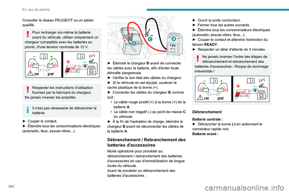 PEUGEOT 308 2022 Manuel du propriétaire (in French) 202
En cas de panne
Consulter le réseau PEUGEOT ou un atelier
qualifié.
Pour recharger soi-même la batterie
avant du véhicule, utiliser uniquement un
chargeur compatible avec les batteries au
PEUGEOT 308 2022 Manuel du propriétaire (in French) 202
En cas de panne
Consulter le réseau PEUGEOT ou un atelier
qualifié.
Pour recharger soi-même la batterie
avant du véhicule, utiliser uniquement un
chargeur compatible avec les batteries au