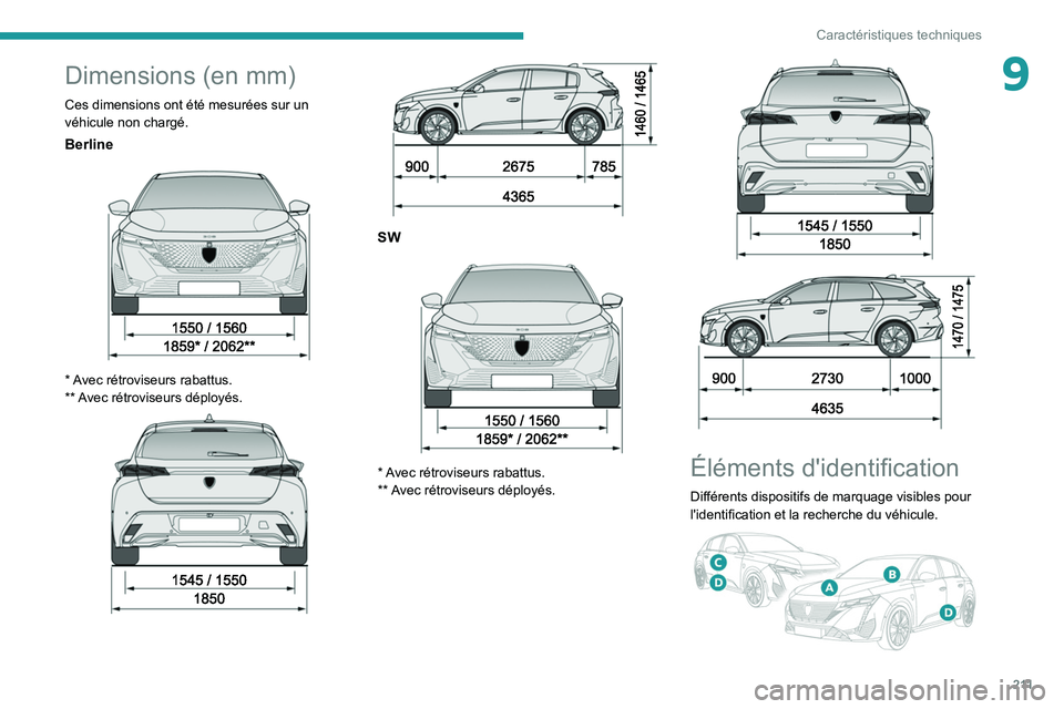 PEUGEOT 308 2022  Manuel du propriétaire (in French) 2 11
Caractéristiques techniques
9Dimensions (en mm)
Ces dimensions ont été mesurées sur un 
véhicule non chargé. 
Berline 
 
* Avec rétroviseurs rabattus.
** A vec rétroviseurs déployés.
 
