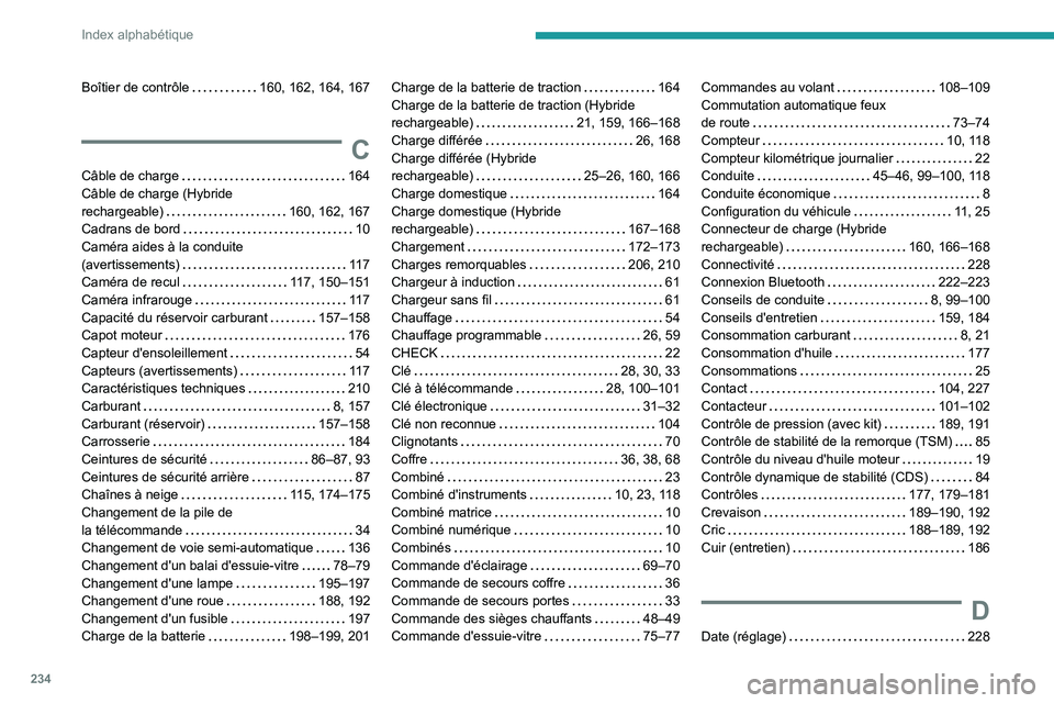 PEUGEOT 308 2022  Manuel du propriétaire (in French) 234
Index alphabétique
Boîtier de contrôle    160, 162, 164, 167
C
Câble de charge     164
Câble de charge (Hybride  
rechargeable)
    
160, 162, 167
Cadrans de bord
    
10
Caméra aides à la 