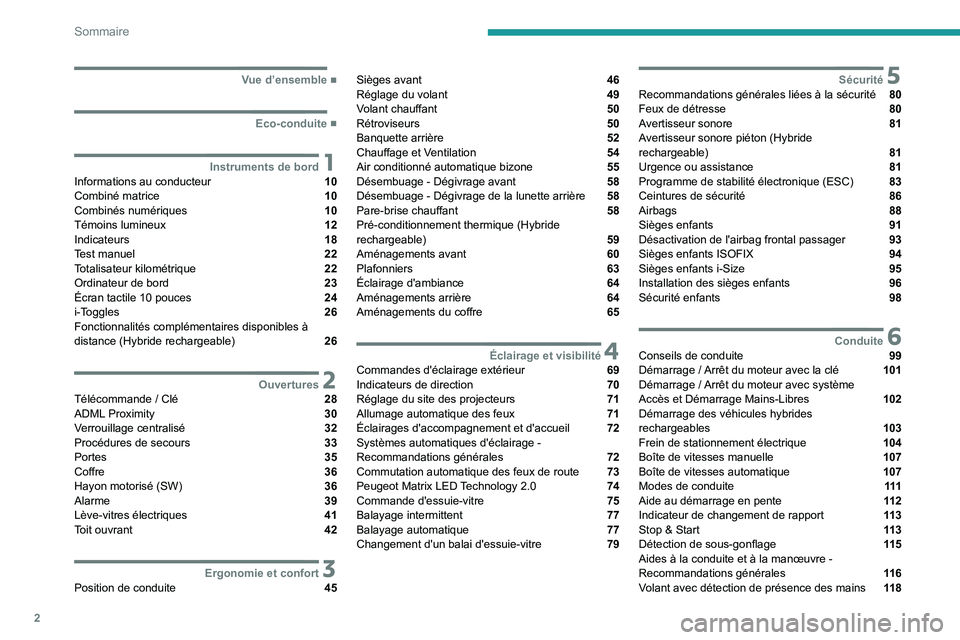 PEUGEOT 308 2022  Manuel du propriétaire (in French) 2
Sommaire
  ■
Vue d’ensemble
  ■
Eco-conduite
 1Instruments de bordInformations au conducteur  10
Combiné matrice  10
Combinés numériques  10
Témoins lumineux  12
Indicateurs  18
Test m