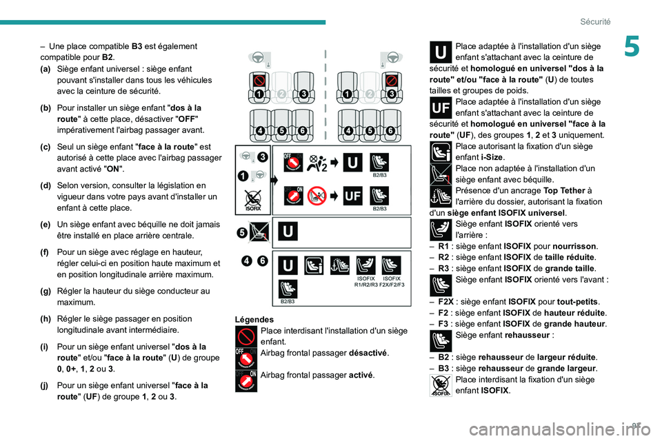 PEUGEOT 308 2022 Manuel du propriétaire (in French) 97
Sécurité
5– Une place compatible B3 est également
compatible pour B2.
(a) Siège enfant universel
: siège enfant
pouvant s'installer dans tous les véhicules
avec la ceinture de sà PEUGEOT 308 2022 Manuel du propriétaire (in French) 97
Sécurité
5– Une place compatible B3 est également
compatible pour B2.
(a) Siège enfant universel
: siège enfant
pouvant s'installer dans tous les véhicules
avec la ceinture de sÃ