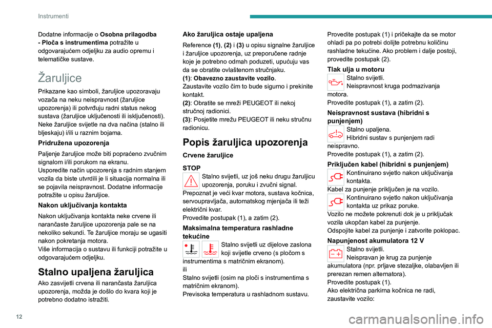 PEUGEOT 308 2022  Upute Za Rukovanje (in Croatian) 12
Instrumenti
Dodatne informacije o Osobna prilagodba 
- Ploča s instrumentima potražite u 
odgovarajućem odjeljku za audio opremu i 
telematičke sustave.
Žaruljice
Prikazane kao simboli, žarul