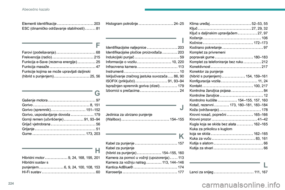 PEUGEOT 308 2022  Upute Za Rukovanje (in Croatian) 224
Abecedno kazalo
Elementi identifikacije     203
ESC (dinamičko održavanje stabilnosti)     
81
F
Farovi (podešavanja)     68
Frekvencija (radio)     
215
Funkcija e-Save (rezerva energije)
    