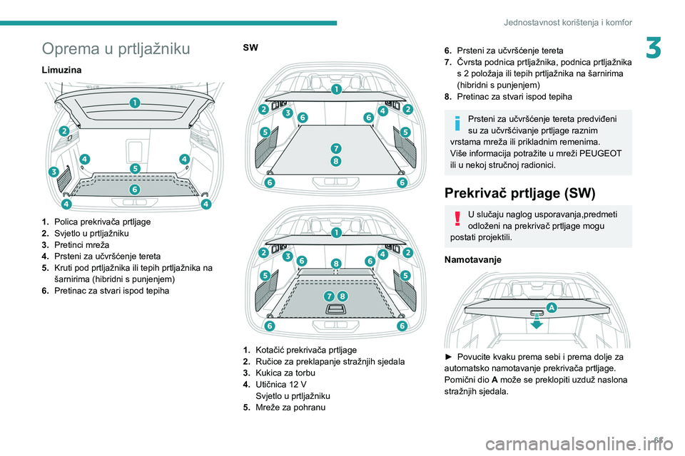 PEUGEOT 308 2022 Upute Za Rukovanje (in Croatian) 63
Jednostavnost korištenja i komfor
3Oprema u prtljažniku
Limuzina
1.Polica prekrivača prtljage
2. Svjetlo u prtljažniku
3. Pretinci mreža
4. Prsteni za učvršćenje tereta
5. Kruti pod prtl PEUGEOT 308 2022 Upute Za Rukovanje (in Croatian) 63
Jednostavnost korištenja i komfor
3Oprema u prtljažniku
Limuzina
1.Polica prekrivača prtljage
2. Svjetlo u prtljažniku
3. Pretinci mreža
4. Prsteni za učvršćenje tereta
5. Kruti pod prtl