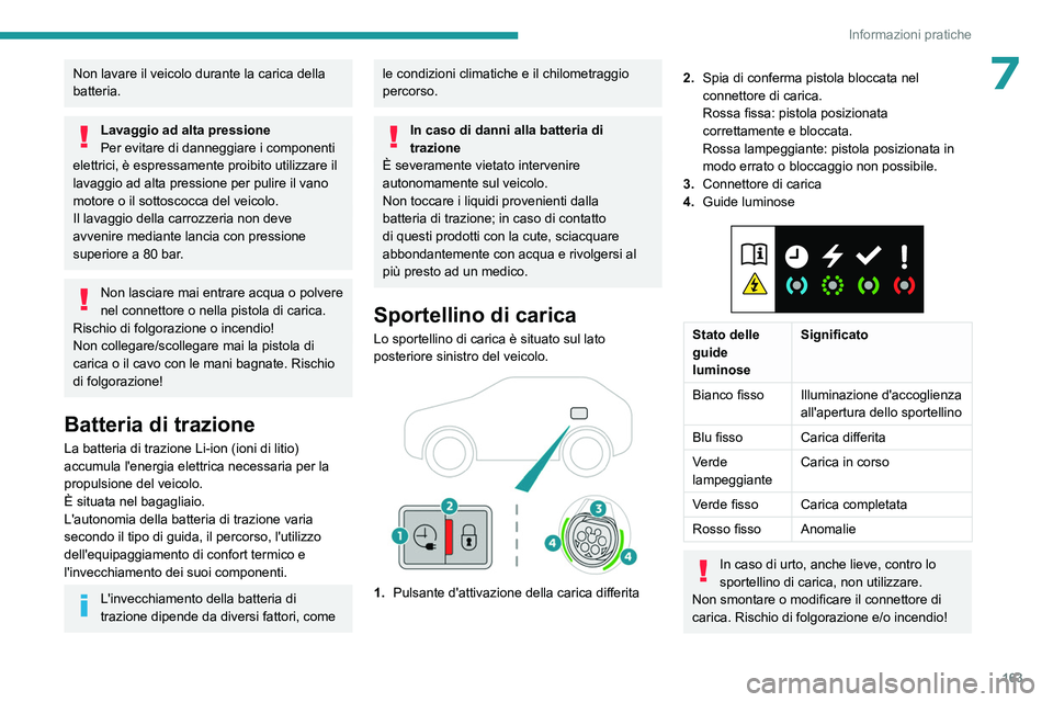 PEUGEOT 308 2022 Manuale duso (in Italian) 163
Informazioni pratiche
7Non lavare il veicolo durante la carica della
batteria.
Lavaggio ad alta pressione
Per evitare di danneggiare i componenti
elettrici, è espressamente proibito utilizzare PEUGEOT 308 2022 Manuale duso (in Italian) 163
Informazioni pratiche
7Non lavare il veicolo durante la carica della
batteria.
Lavaggio ad alta pressione
Per evitare di danneggiare i componenti
elettrici, è espressamente proibito utilizzare