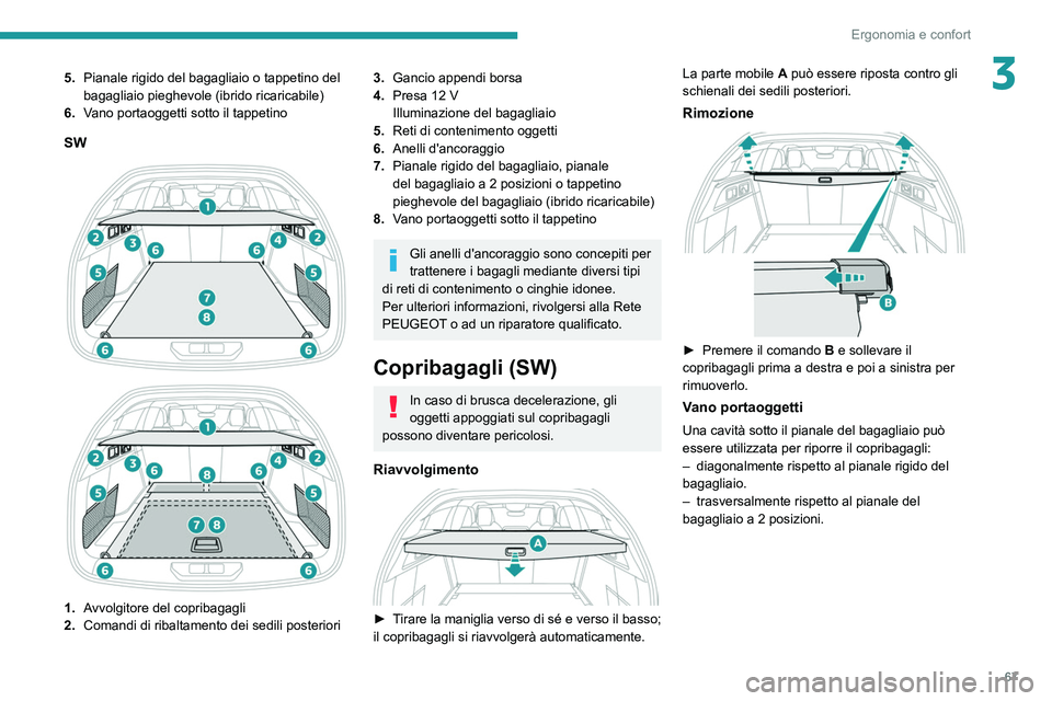 PEUGEOT 308 2022 Manuale duso (in Italian) 67
Ergonomia e confort
35.Pianale rigido del bagagliaio o tappetino del
bagagliaio pieghevole (ibrido ricaricabile)
6. Vano portaoggetti sotto il tappetino
SW
1. Avvolgitore del copribagagli
2 PEUGEOT 308 2022 Manuale duso (in Italian) 67
Ergonomia e confort
35.Pianale rigido del bagagliaio o tappetino del
bagagliaio pieghevole (ibrido ricaricabile)
6. Vano portaoggetti sotto il tappetino
SW
1. Avvolgitore del copribagagli
2