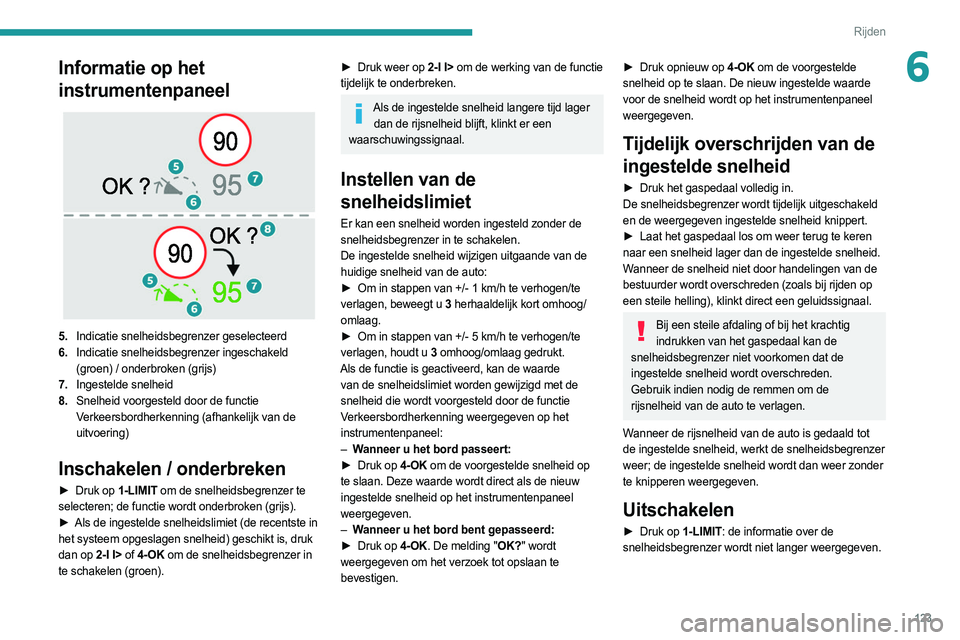 PEUGEOT 308 2022  Instructieboekje (in Dutch) 123
Rijden
6Informatie op het 
instrumentenpaneel
 
 
5.Indicatie snelheidsbegrenzer geselecteerd
6. Indicatie snelheidsbegrenzer ingeschakeld 
(groen) / onderbroken (grijs)
7. Ingestelde snelheid
8. 