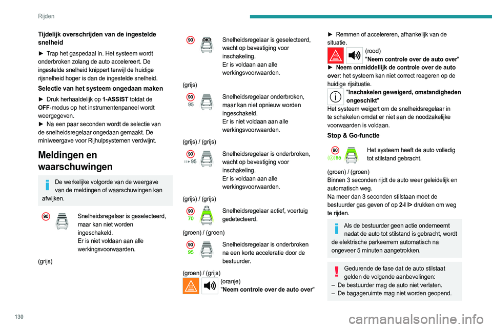 PEUGEOT 308 2022  Instructieboekje (in Dutch) 130
Rijden
– Laat geen passagiers in- of uitstappen.
–  Schakel de achteruitversnelling niet in.
Let bij het wegrijden van de auto op fietsers, 
voetgangers of dieren. Deze worden niet 
door het s