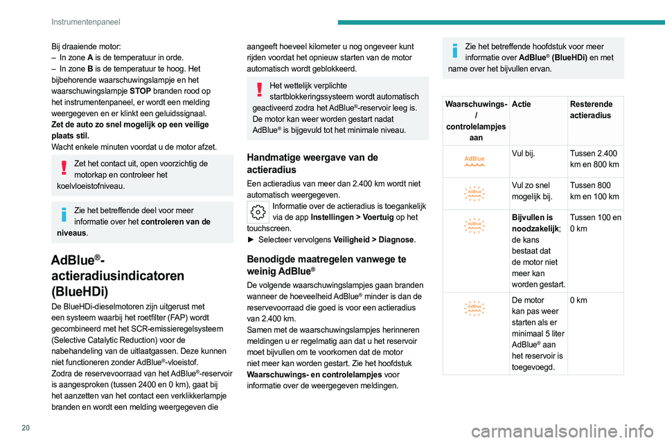 PEUGEOT 308 2022 Instructieboekje (in Dutch) 20
Instrumentenpaneel
Storing in het SCR-emissieregelsysteem
Storingsdetectie
Als er een storing wordt
gedetecteerd, gaan deze
waarschuwingslampjes
branden in combinatie met een
geluidssignaal PEUGEOT 308 2022 Instructieboekje (in Dutch) 20
Instrumentenpaneel
Storing in het SCR-emissieregelsysteem
Storingsdetectie
Als er een storing wordt
gedetecteerd, gaan deze
waarschuwingslampjes
branden in combinatie met een
geluidssignaal