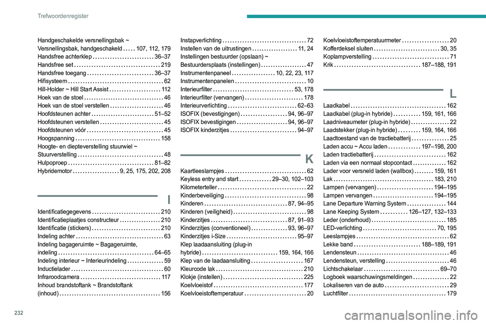 PEUGEOT 308 2022  Instructieboekje (in Dutch) 232
Trefwoordenregister
Handgeschakelde versnellingsbak ~ 
Versnellingsbak, handgeschakeld   
107, 112, 179
Handsfree achterklep
    
36–37
Handsfree set
    
219
Handsfree toegang
    
36–37
Hifi