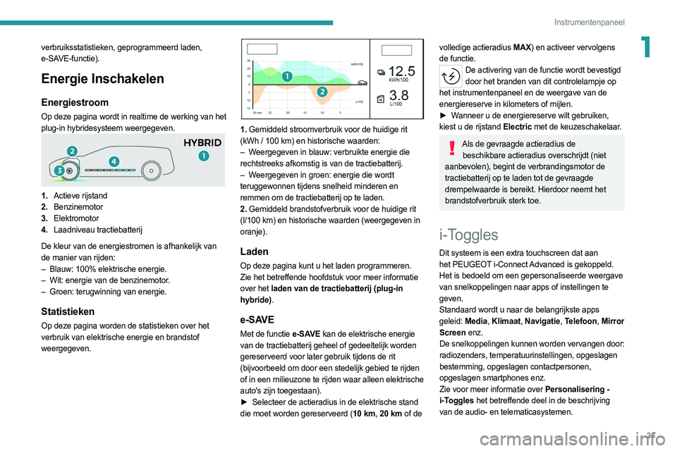 PEUGEOT 308 2022 Instructieboekje (in Dutch) 25
Instrumentenpaneel
1verbruiksstatistieken, geprogrammeerd laden,
e- SAVE-functie).
Energie Inschakelen
Energiestroom
Op deze pagina wordt in realtime de werking van het
plug-in hybridesysteem wee PEUGEOT 308 2022 Instructieboekje (in Dutch) 25
Instrumentenpaneel
1verbruiksstatistieken, geprogrammeerd laden,
e- SAVE-functie).
Energie Inschakelen
Energiestroom
Op deze pagina wordt in realtime de werking van het
plug-in hybridesysteem wee