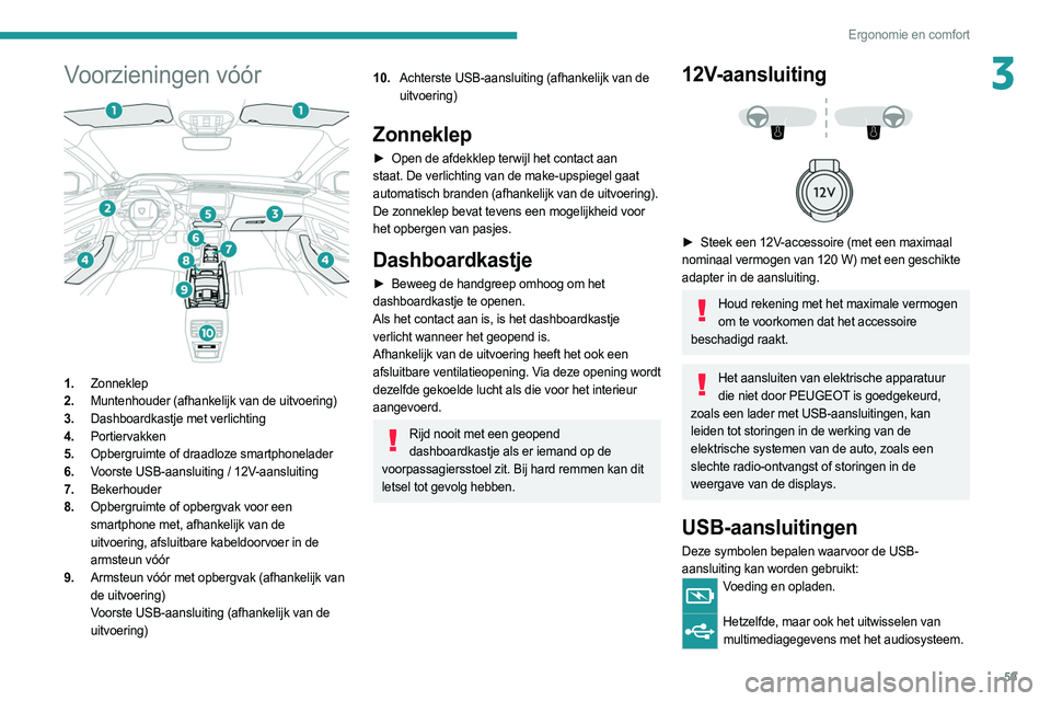 PEUGEOT 308 2022 Instructieboekje (in Dutch) 59
Ergonomie en comfort
3Voorzieningen vóór
1.Zonneklep
2. Muntenhouder (afhankelijk van de uitvoering)
3. Dashboardkastje met verlichting
4. Portiervakken
5. Opbergruimte of draadloze smartphone PEUGEOT 308 2022 Instructieboekje (in Dutch) 59
Ergonomie en comfort
3Voorzieningen vóór
1.Zonneklep
2. Muntenhouder (afhankelijk van de uitvoering)
3. Dashboardkastje met verlichting
4. Portiervakken
5. Opbergruimte of draadloze smartphone