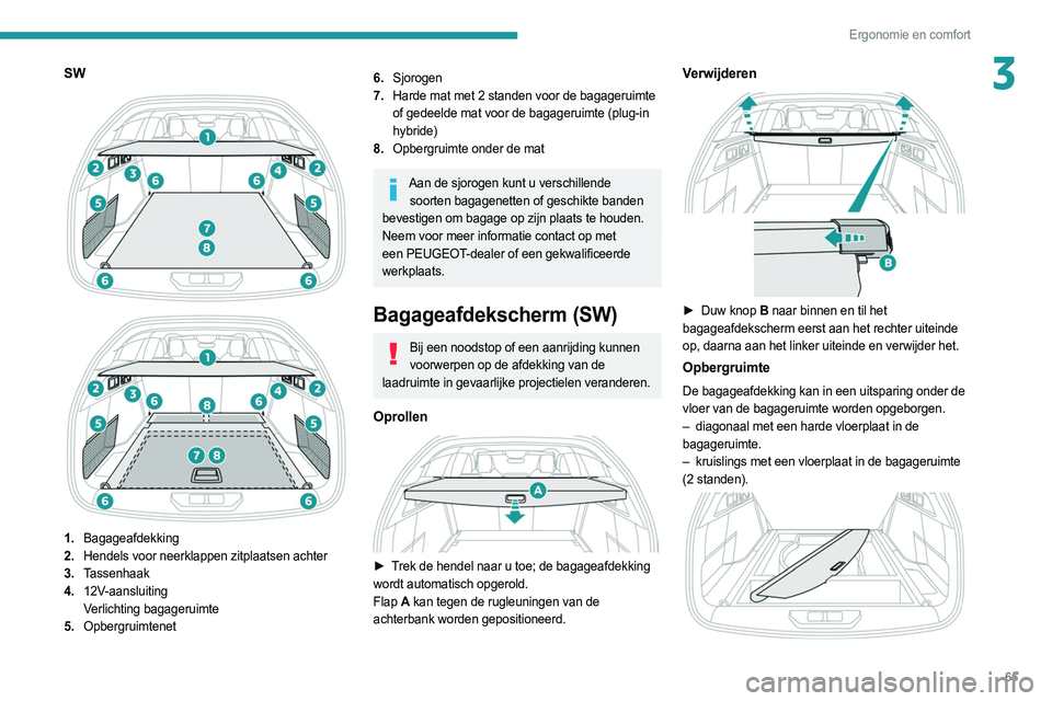 PEUGEOT 308 2022 Instructieboekje (in Dutch) 65
Ergonomie en comfort
3SW
1. Bagageafdekking
2. Hendels voor neerklappen zitplaatsen achter
3. Tassenhaak
4. 12V-aansluiting
Verlichting bagageruimte
5. Opbergruimtenet
6.Sjorogen
7. Harde ma PEUGEOT 308 2022 Instructieboekje (in Dutch) 65
Ergonomie en comfort
3SW
1. Bagageafdekking
2. Hendels voor neerklappen zitplaatsen achter
3. Tassenhaak
4. 12V-aansluiting
Verlichting bagageruimte
5. Opbergruimtenet
6.Sjorogen
7. Harde ma