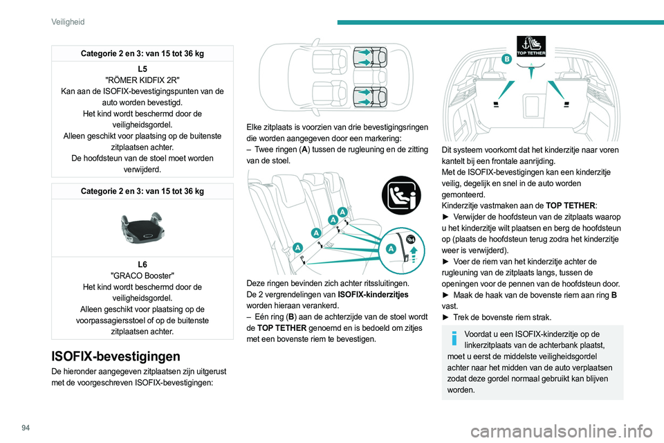 PEUGEOT 308 2022  Instructieboekje (in Dutch) 94
Veiligheid
Categorie 2 en 3: van 15 tot 36 kgL5
"RÖMER KIDFIX 2R"
Kan aan de ISOFIX-bevestigingspunten van de  auto worden bevestigd.
Het kind wordt beschermd door de  veiligheidsgordel.
A