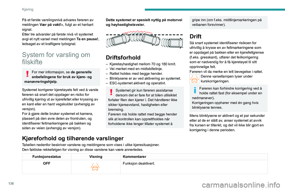 PEUGEOT 308 2022 Instruksjoner for bruk (in Norwegian) 136
Kjøring
På et første varslingsnivå advares føreren av
meldingen Vær på vakt!», fulgt av et hørbart
signal.
Etter tre advarsler på første nivå vil systemet
avgi et nytt varsel med me PEUGEOT 308 2022 Instruksjoner for bruk (in Norwegian) 136
Kjøring
På et første varslingsnivå advares føreren av
meldingen Vær på vakt!», fulgt av et hørbart
signal.
Etter tre advarsler på første nivå vil systemet
avgi et nytt varsel med me